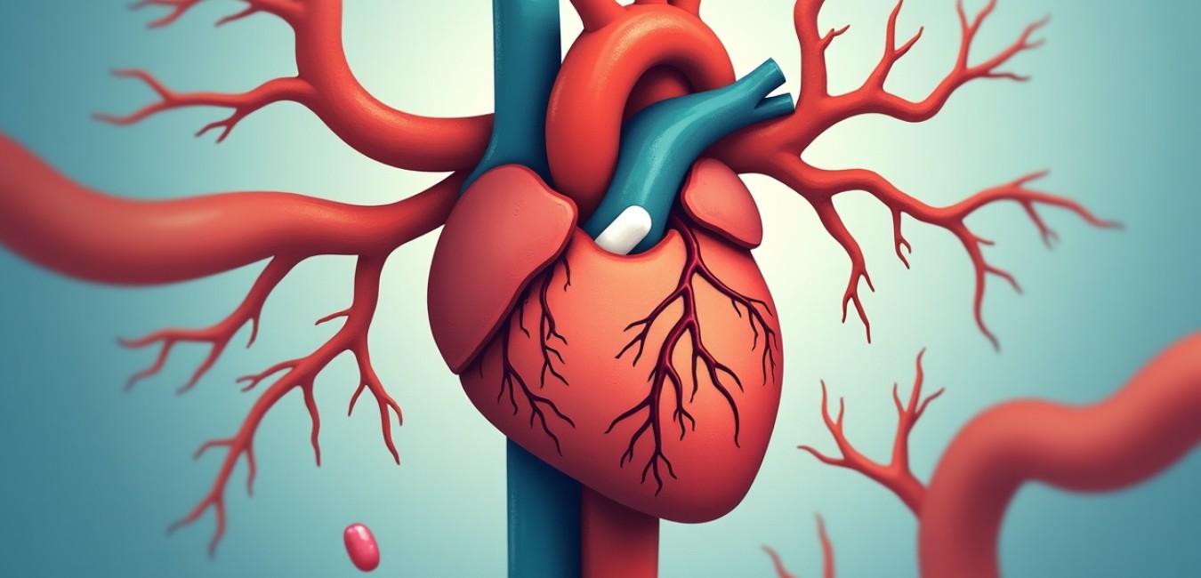 Stylizowana ilustracja medyczna przedstawiająca układ krążenia z pojedynczą tabletką przełamującą barierę, w ciepłej kolorystyce.